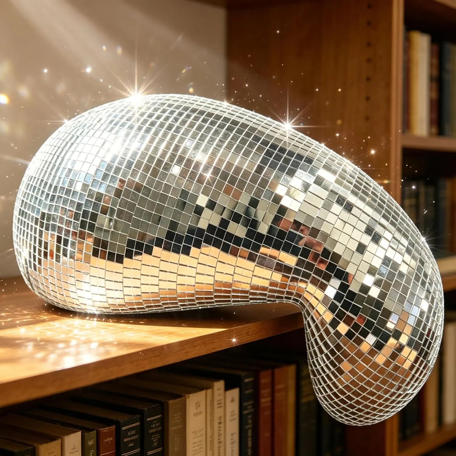 Melted Disco Ball Decor, Handmade Mirror Ball Sculpture with Mirrored Glass Reflects Sunlight, 12" Retro Aesthetic Ornament for Home, Bedroom, Office, Party & Gift, Silver