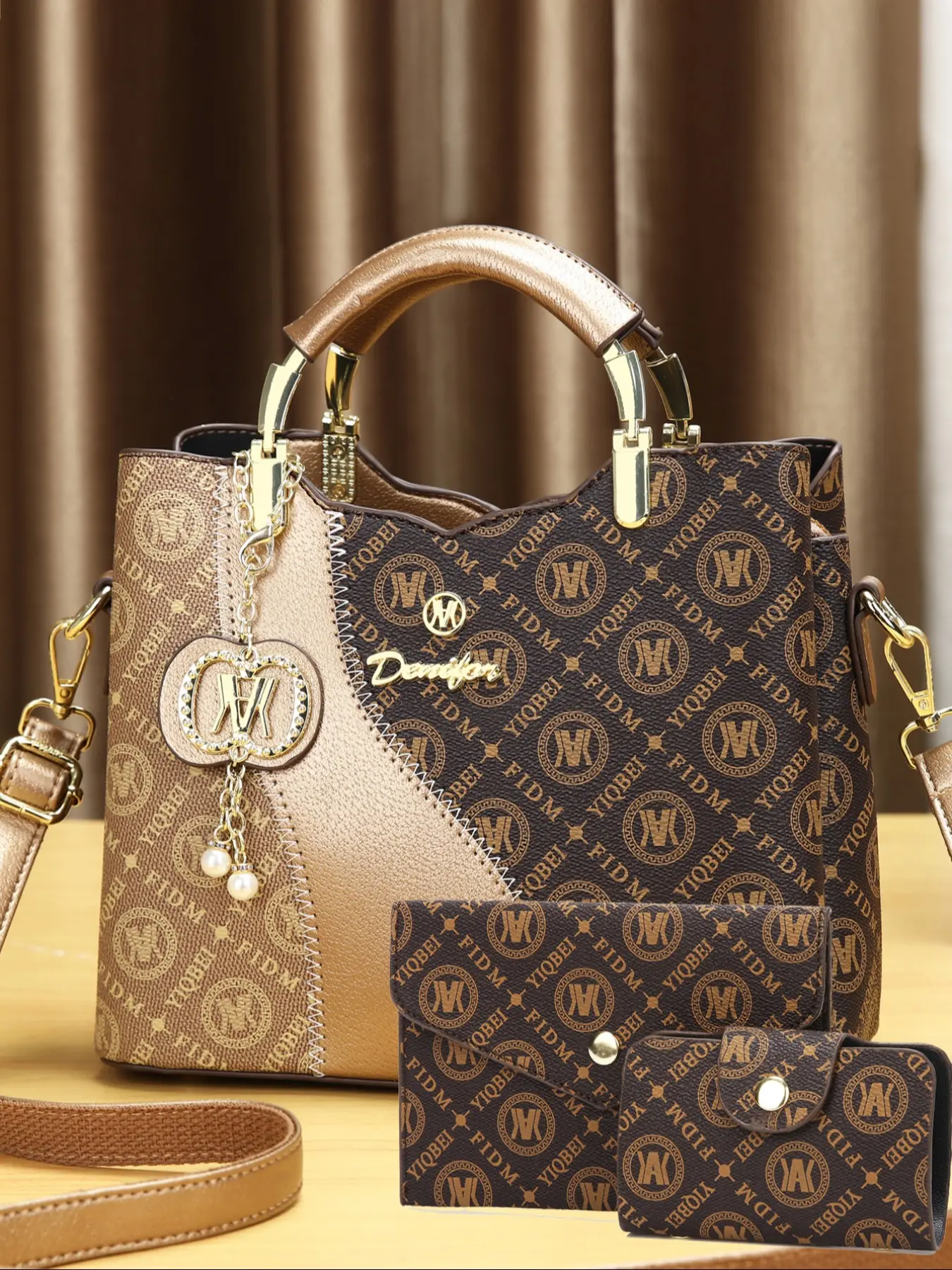 Women's Stylish Geometric Pattern Three-Piece Set, Trendy New Colorblock Fashion Handbag, Large Capacity Shoulder Crossbody Bag Set