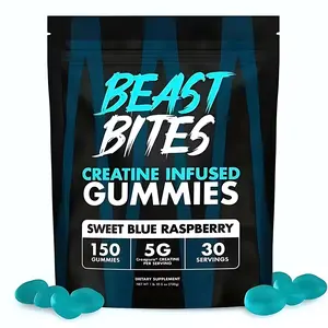Beast Bites Creapure Infused Creatine Gummies, NSF Certified Edible Amino Acid Supplements for Fitness & Dietary Healthcare, Sweet Blue Raspberry Flavor