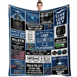 Aviation Theme Flannel Blanket 270G Thick Warm Airplane Pilot Elements Printed Throw Blanket Aviation Flight Blanket for Home Bedroom Sofa Decor Pilot Gift Idea Soft Cozy Aircraft Pattern Bedding Accessory for Men Women Avia