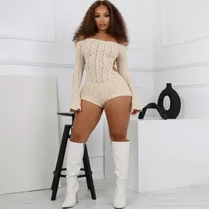 Women Sexy Off Shoulder Crochet Knitted Hollow Out Long Sleeve Romper Backless Bodycon Party Club Night Rompers