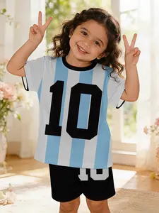 Blue and white No.10 football-themed baby girl's suit, digital printed, 100% polyester baby short-sleeve set, casual wear for baby girls, suitable for daily and outdoor sports T-shirts, perfect gift for infants and toddlers, Baby Clothing
