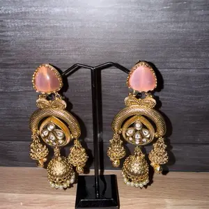 Stylish Designer Jhumki Earrings with Pink Stone and Gold Plated Tassels for Women