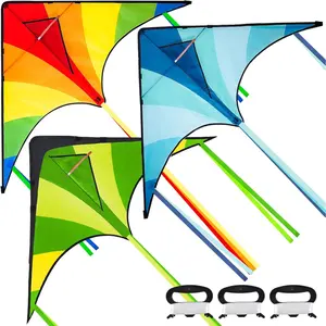 3 Packs Large Delta Kite Green, Blue and Rainbow, Easy to Fly for Kids with 262.5 ft String, Large Delta Beach Kite for Outdoor Games and Activities7