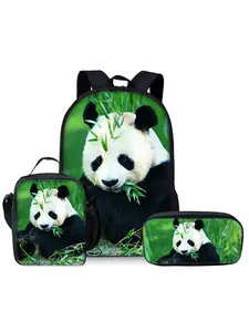 Panda pattern printed 17-inch Travel Backpack three-piece set (single-layer backpack + shoulder strap lunch bag + single-layer pencil bag)