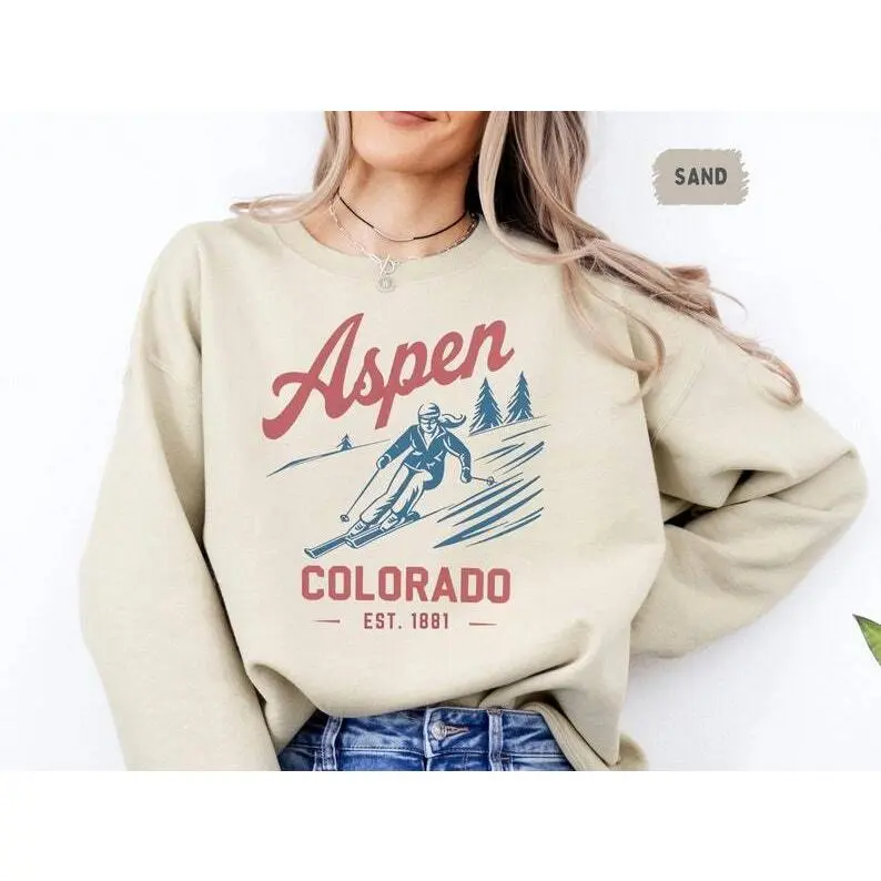 Vintage Aspen Ski Sweatshirt - Retro Winter Mountain Crewneck Jumper, Unisex Skiing Sweater, Cozy Snow Lodge Apparel, Gift for Ski