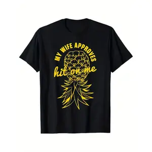 Women's Funny "My Wife Approves Hit On Me" Graphic T-Shirt, Short-Sleeve Round Neck Casual Black Streetwear Top, Women's Clothes, Shortsleeve