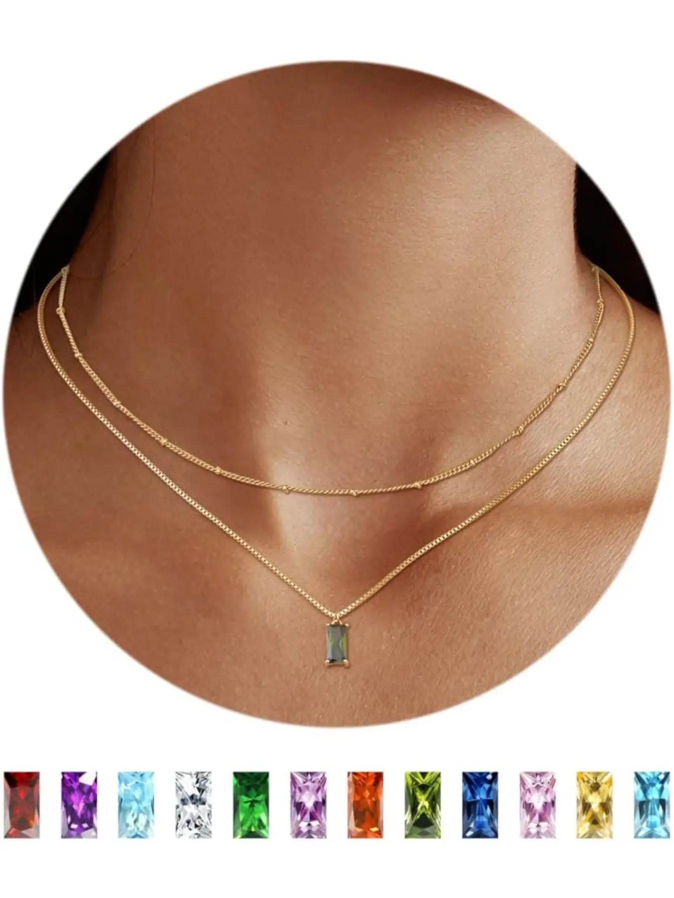 18K Gold Layered Necklaces for Women Girls Birthstone Necklace Crystal Pendant Necklace Box Chain Beaded Choker Gold Necklace Jewellery Gifts for Her Anniversary Birthday Christmas