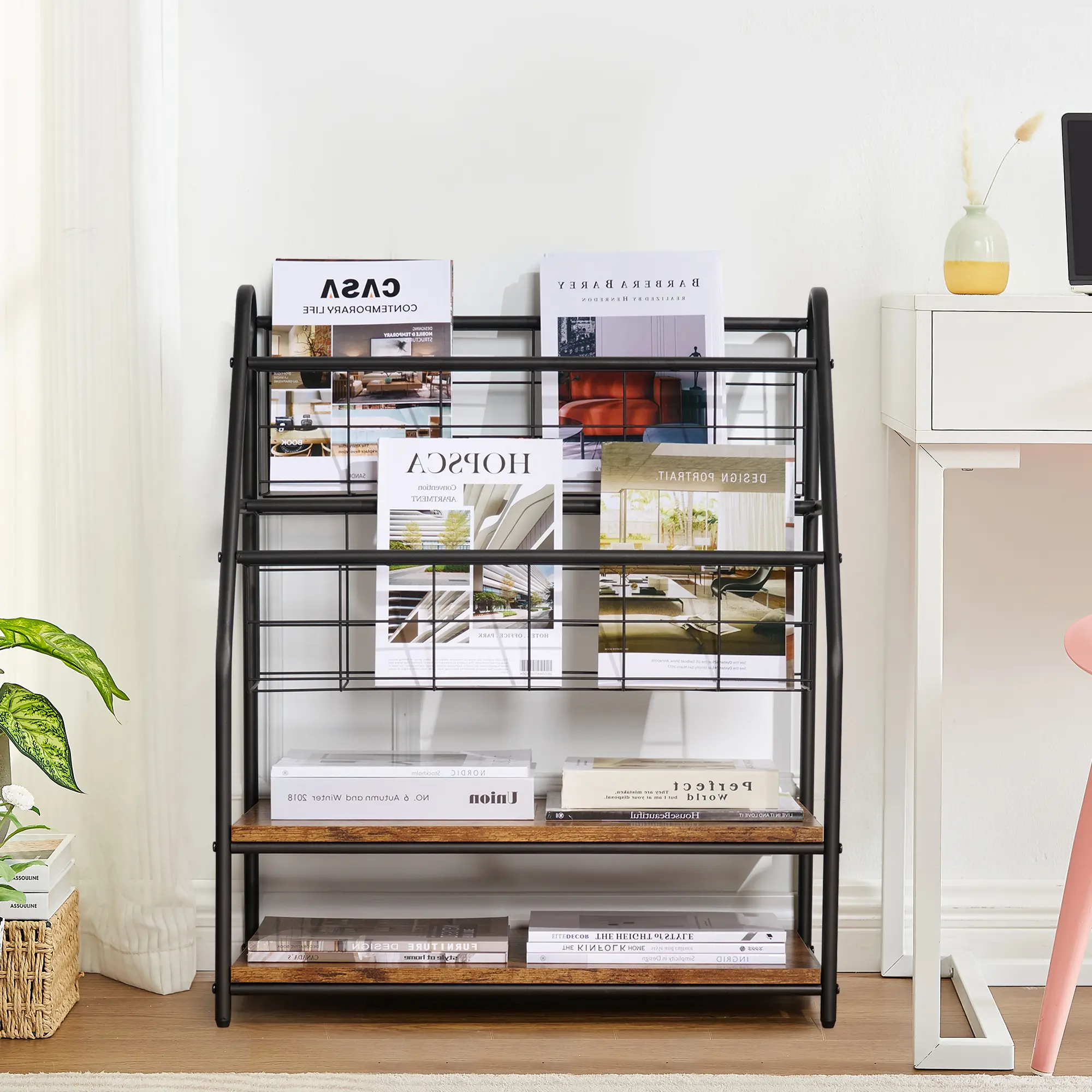 VECELO Magazine Rack Book Newspaper Storage Organizer Metal Racks Display Stand Bookshelves 2 Tier Shelves Magazine Holder for Home Office Shopping Malls,Indoor&Outdoor