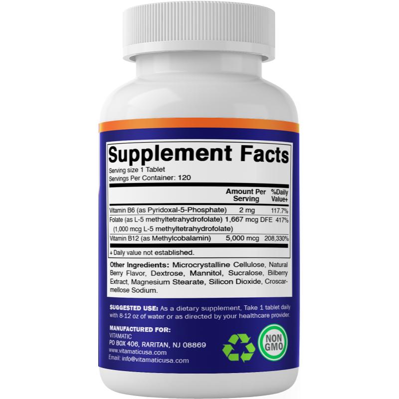 Vitamatic Methyl Folate & B12 Supplement with Pyridoxal 5 Phosphate (P-5-P) - 120 Fast Dissolve Tablets
