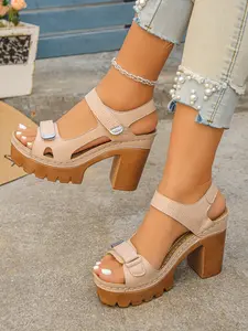 New Summer High Heel Sandals for Women, Waterproof Thick Sole, Fashionable PU Leather, Slimming Effect, Versatile Ladies Shoes