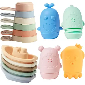 F-TBT02 Bath Toys, 15 Pack | Mold Free & Educational Colorful Floating Boats & Spoons | Soft, Squeezable Silicone Bath Toys | Safe & Non-Toxic Easy-Grip Baby&Toddler Bath Toy Set | Baby Bathtub Water Play Toy