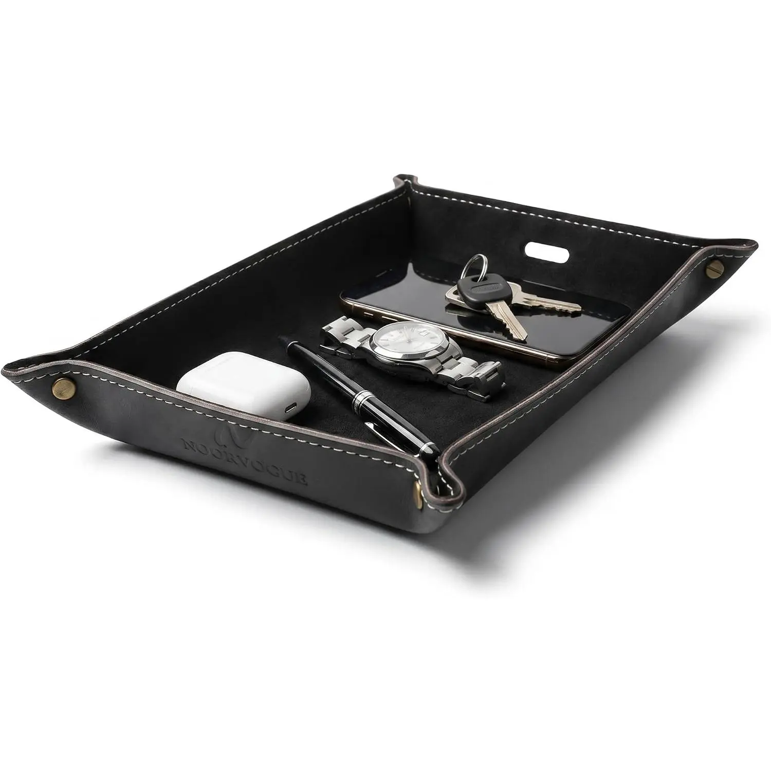 Leather Valet Tray for Men – Genuine Leather Catchall Tray EDC Organizer for Keys, Phone, Wallet & Watch – Single Layer Embossed Nightstand Tray with Brass Snaps, Gift Box – Black