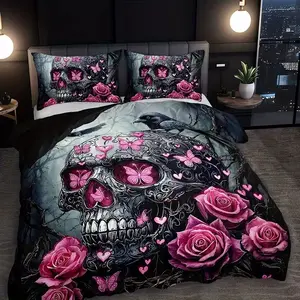 2D Print Skull & Floral Pattern, 100% Polyester Soft Breathable Fabric, All Seasons, Bedroom Decor, Decorative Bedsheet Sets
