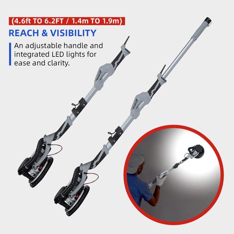 Garvee Drywall Sander PDS01 800W Electric Motor 6.6ft Dust Hose Variable Speed 800-1800RPM LED Light Extendable & Foldable Handle Carrying Bag