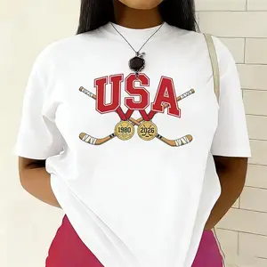 USA Hockey 1980 & 2026 T-Shirt, Hockey Sticks and Medals Graphic, Sports Fan Casual Top