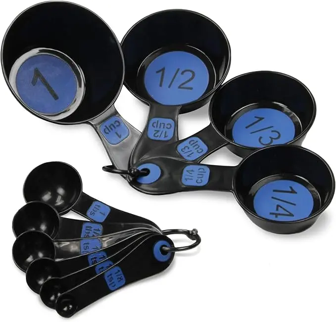 Chef Craft Easy to Read Plastic Measuring Cup Set - 10 Piece Set, Blue, Includes 1/2, 1/3, 1/4, and 1/8 Measuring Cups Kitchen Utensils