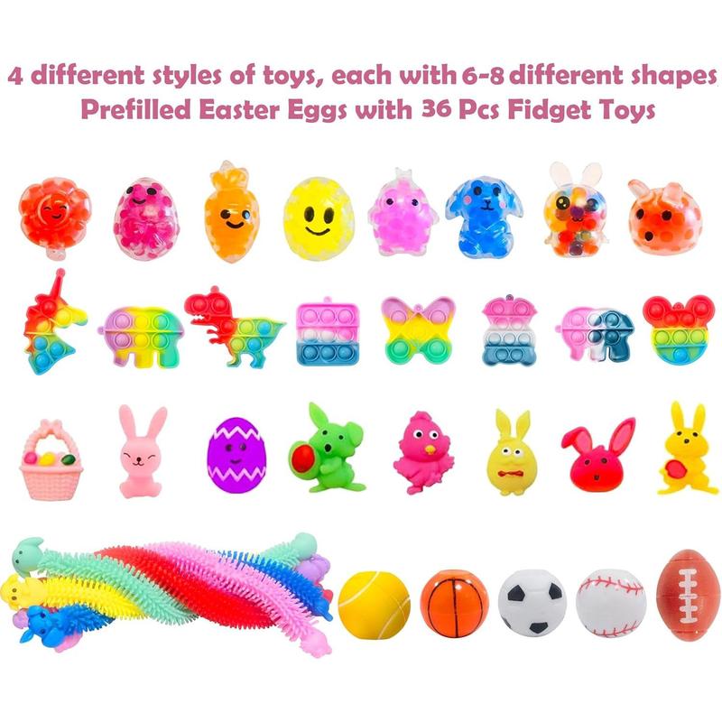 36 Pack Prefilled Easter Eggs with Fidget Toys Bright Colorful Easter Eggs Prefilled with Variety Easter Stress Toys Inside Great for Kids Toddler Easter Basket Stuffers Eggs Fillers Party Favors