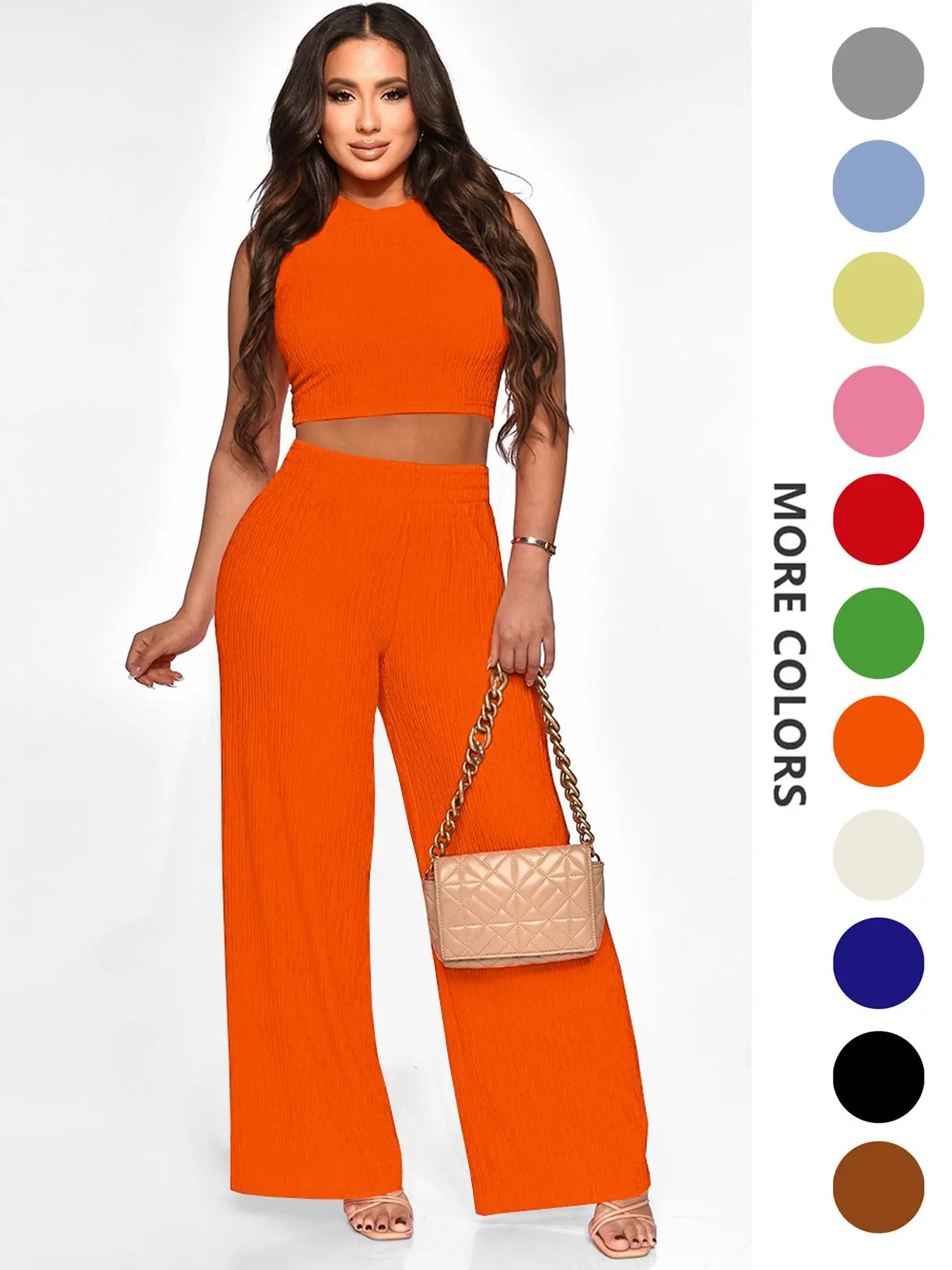 Two-Piece Set Women's Solid Textured Knit Fabric Co-ord Set, Casual Round Neck Crop Tank Top & High Waist Wide Leg Pants Set, Ladies Summer Outfits for Daily Wear, Womenswear