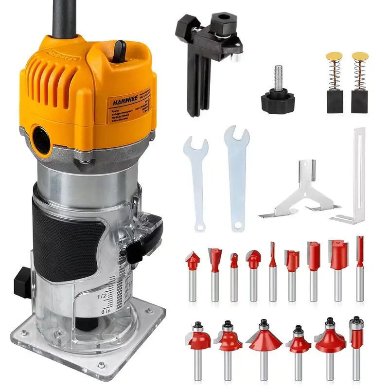 HANWISE Compact Wood Router, Professional & DIY Power Tool with Slotting Trim, Edging, Carving, Transparent Base, Guide Rail, Wrench for Beginners & Pros, Beginners Pro
