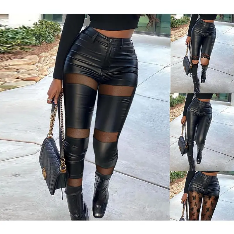 Women's New Elastic Slim Fit PU Leather Pants Leggings Black Chic Winter Style Womenswear Bottom