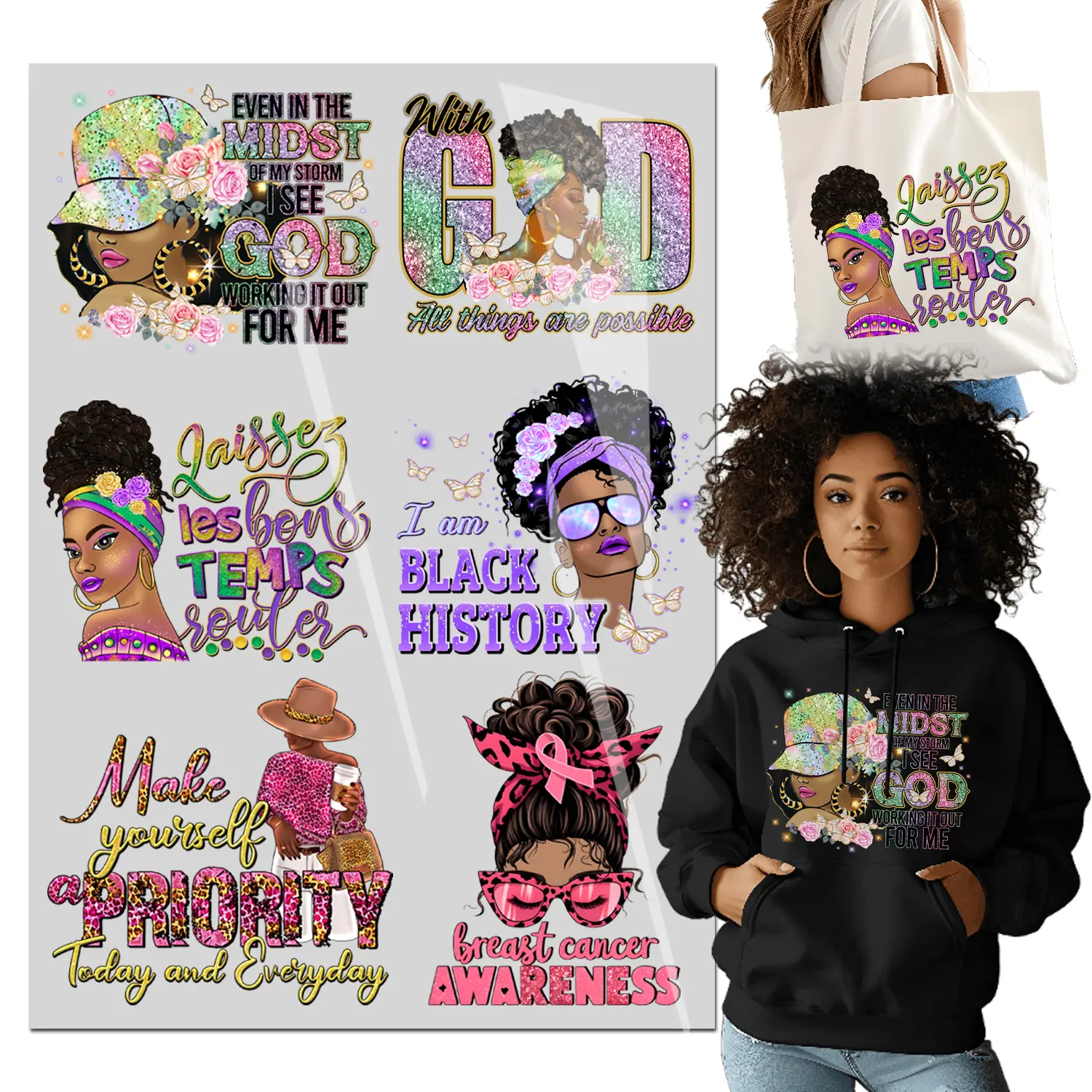 6PCS Fashionable Black Girl Iron On Transfer T-Shirt Stickers Iron Heat Transfer DIY for t-Shirt/Bag/Pillow/Clothing DTF transfers Ready to Press
