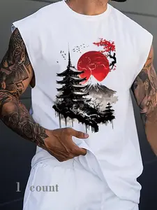 Men's Summer Fuji Mountain Sunset Print Vest, Japanese Cultural Design, Street Style, Comfortable Fabric, Casual Fashion Piece