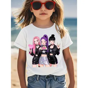 Girls' Summer KPOP Girl Group Style Short Sleeve T-Shirt, Black/Pink/Red/White/Purple and More Color Options, Teen Girls' Top, Anime Cartoon Fashion Print, Loose and Breathable Not Stuffy, Stylish and Comfortable for Outdoor Wear, 100% Eye-Catching!