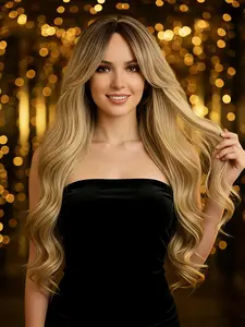28 inch Curly Blonde Ombre Long Wary Wig with Dark Root, Comfortable Rose Net Cap,Suitable for Daily, Y2K, Cosplay, Weddings, Parties, Church Events - Middle Part Bangs, Dark Root Peluca Wig