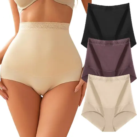FINETOO Women's Seamless Underwear Lace Waistband Design Womenswear Comfort Nylon Stretchy Panty Sringtok 3PCS S-3XL High Waisted Lingerie