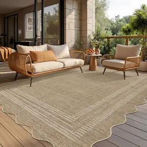 Scalloped Easy Jute Outdoor Rug Living Room, Washable Farmhouse Rug for Bedroom, Geometric Bordered Indoor Outdoor Rugs Dining Room Mat Carpet Area Rug for Patio Home Office