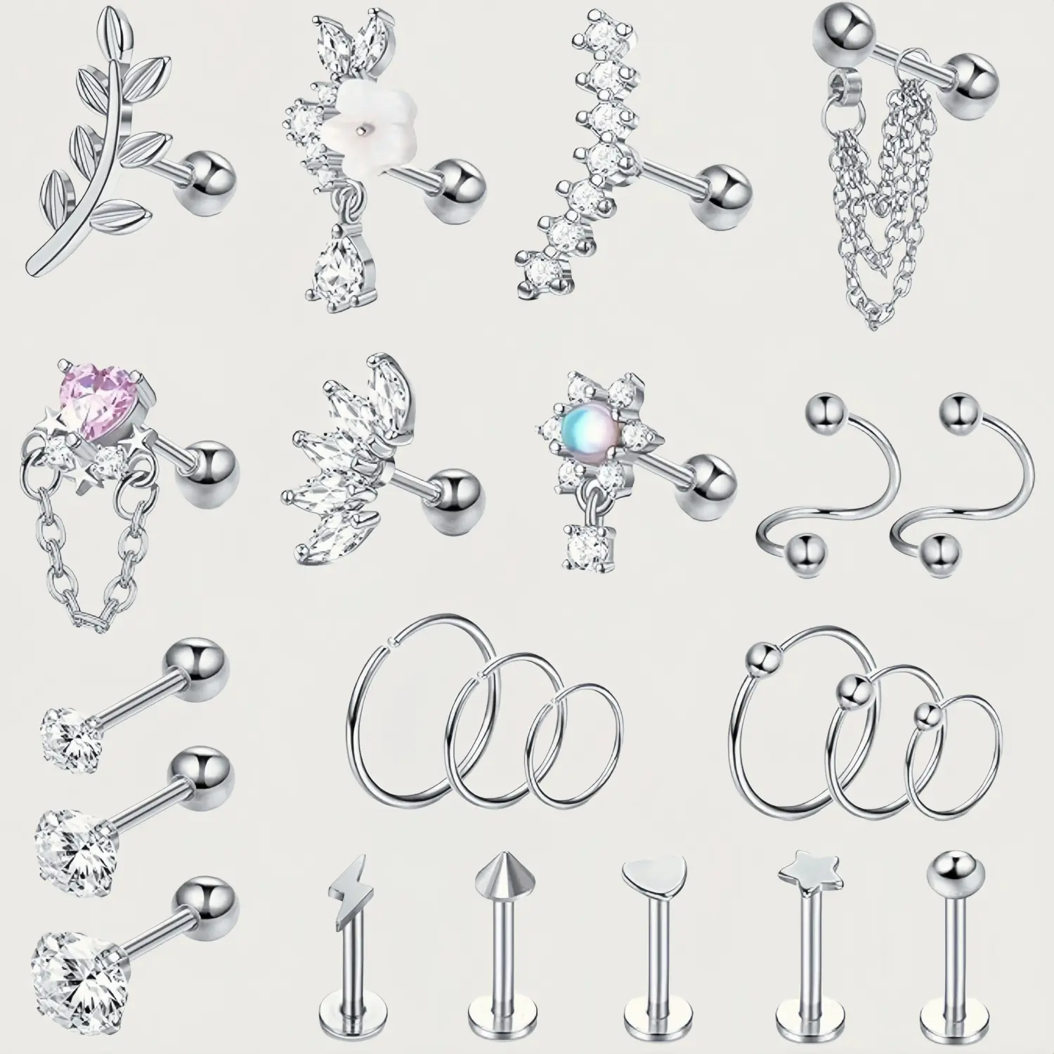Women's 23PCS Non-Tarnish Surgical Steel Piercing Jewelry Set - Hypoallergenic, Multi-Size Earrings for Women (5-Pair Flat Back Studs, Hoops, Conch/Helix/Tragus), Nose Rings, Labret Lip Rings, Dainty Push-In Accessories, Earring For Women