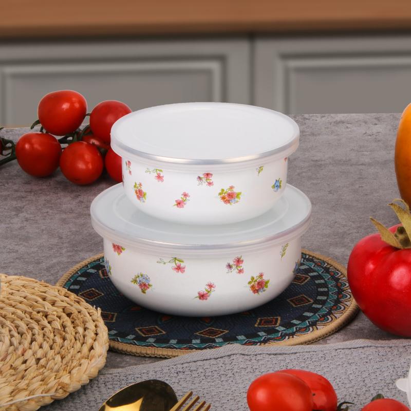 5pcs Set Blue Floral Enamel Food Storage Bowls with Lids, Multi-Functional Microwave Safe Containers for Rice Salad Noodles, Salad Serving Bowls