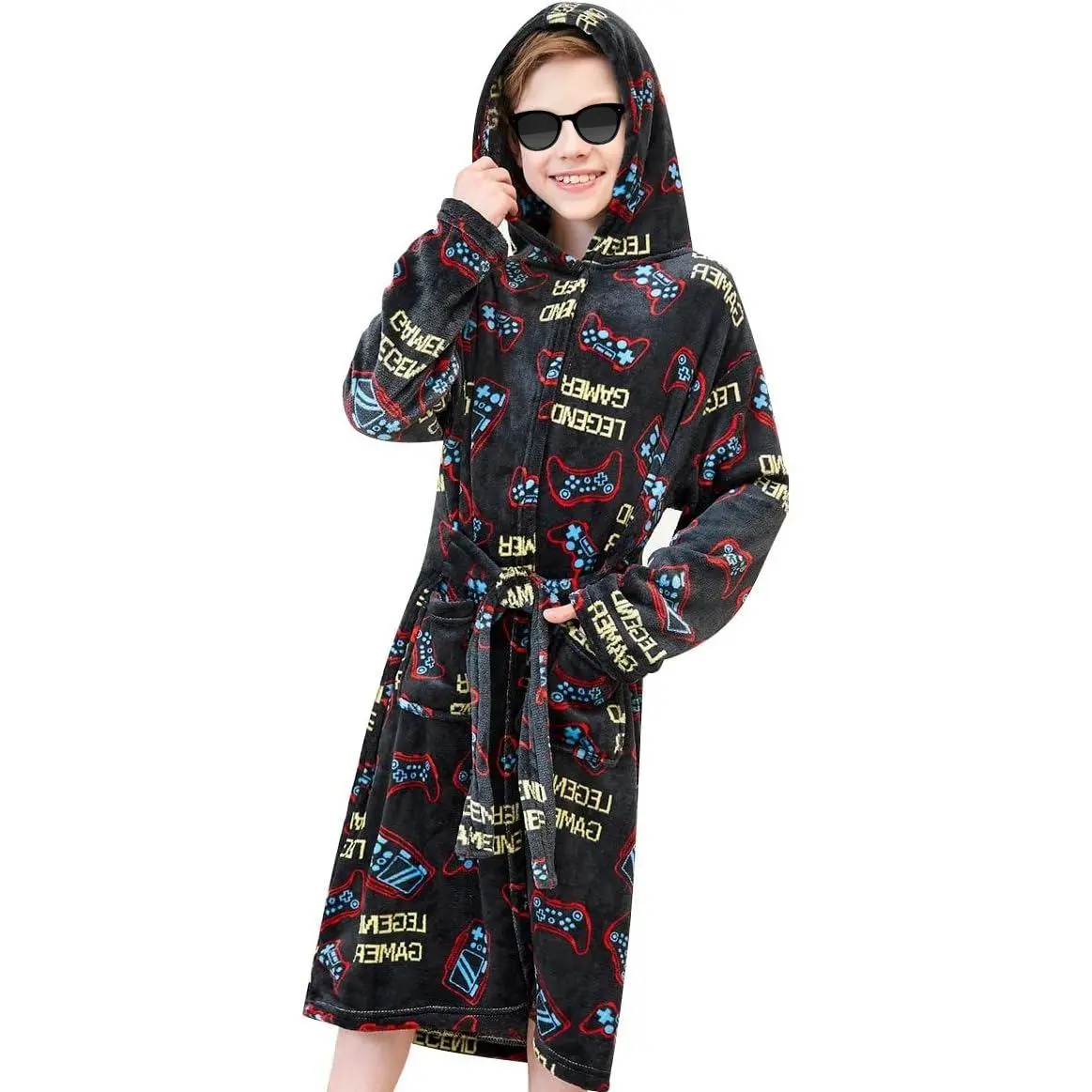 Boys' 4-5 Years Gamer Hooded Robe, Soft Polyester Fleece Sleepwear, Warm Long Sleeve, Attached Elastic Waistband, Animal Prints, Slight Stretch, All Seasons Kids' Fun Loungewear
