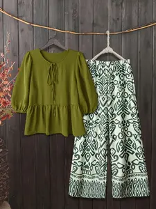 Women's Plus Size Casual Patchwork Pants Set, Loose-Fitting Long Sleeve Top & Printed Bottoms, Spring & Fall Fashion