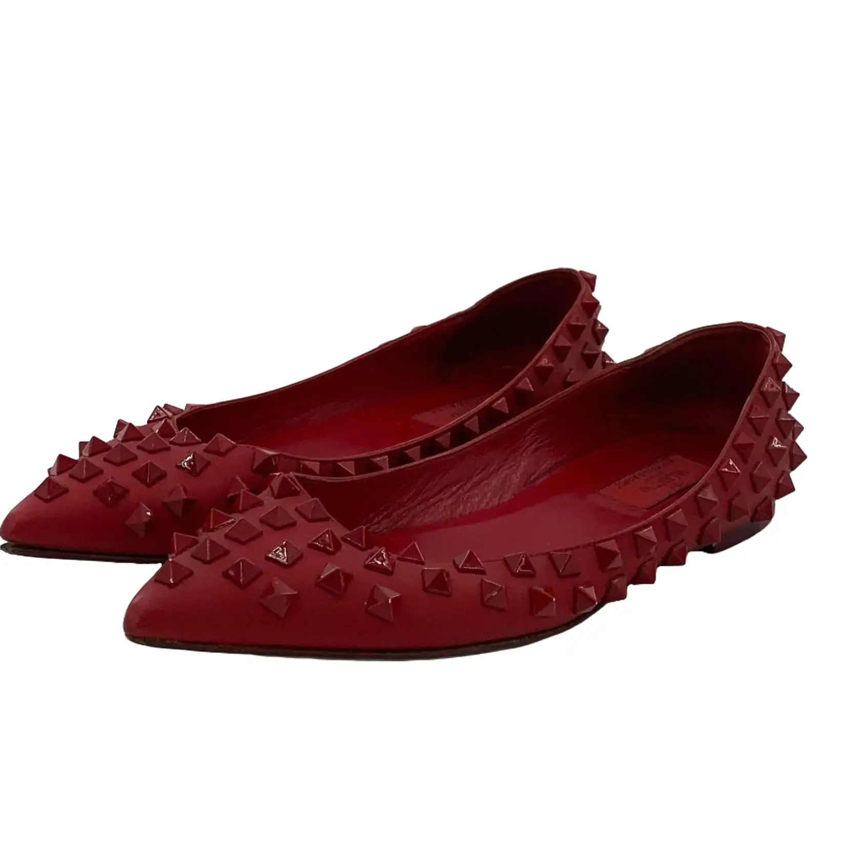 RDLT-Valentino Size 37.5 Red Rockstud Pointed Toe Casual Flat Pumps-J27458