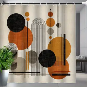 2D Flat 1Pc Medieval Modern Style Shower Curtain, size 71inch x 71inch, features a beige background with overlapping circular patterns in black, brown, orange, and gray. This machine-washable polyester fabric is perfect for modern bathroom aesthetics