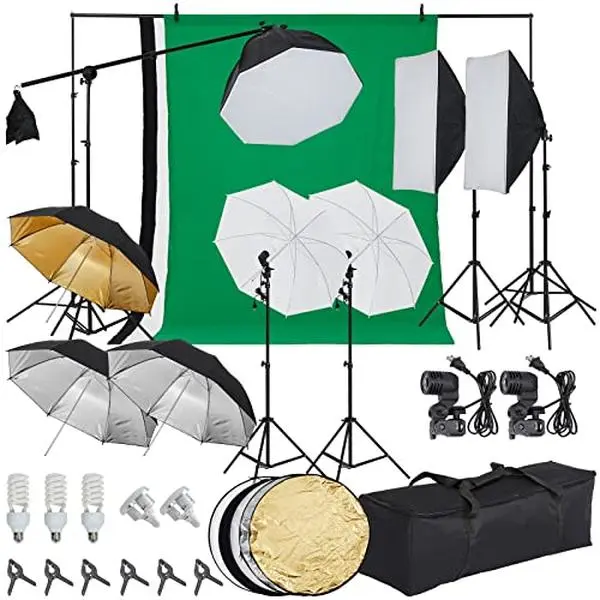 Garvee Adjustable Fabric Photography Lighting Kit with 8.5ft x10ft Backdrop Stand, 5 Tripod Stands, Warm White Light Bulbs, Reflector, Umbrella Softbox Continuous Lighting, 100% Polyester Carrying Bag for Portrait Product Shoots, 8.5Ft X 10Ft Backdrop Sta