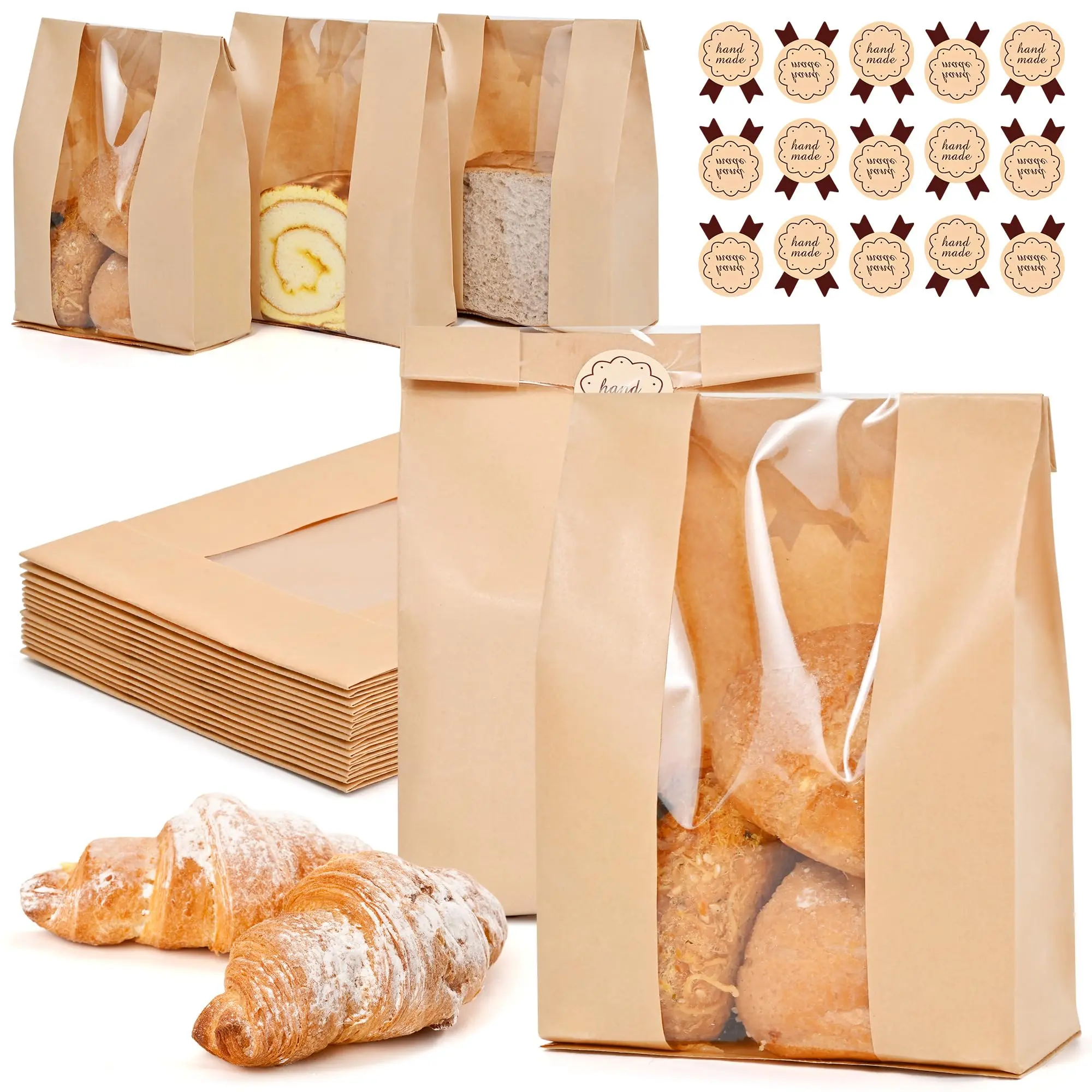50 Pack Bread Bags for Homemade Bread with Stickers, Large Sourdough Paper Bread Bags with Clear Window, Bread Storage for Homemade Bread Sourdough Bread Baking Supplies