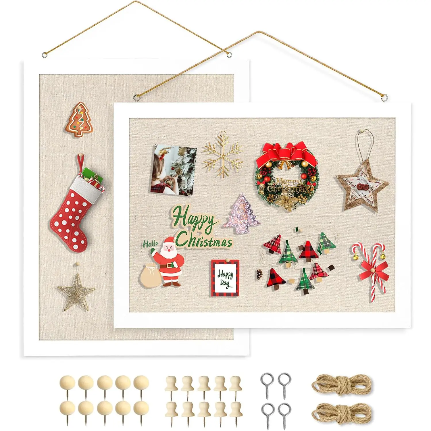 2-Pack Double-Sided Cork Board with Linen, Hanging Wood Framed Bulletin Board, Picture Display Vision Plank Kit Corkboards for Wall School Office Decor, 20 Pushpins