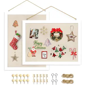 2-Pack Double-Sided Cork Board with Linen, Hanging Wood Framed Bulletin Board, Picture Display Vision Plank Kit Corkboards for Wall School Office Decor, 20 Pushpins