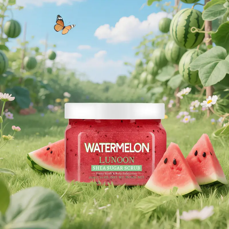 Watermelon, Peach, Coconut, and Strawberry Flavored Sheabutter Sugar Scrub, Low Allergenic Body Exfoliating Product for Deep Cleansing and Moisturizing Suitable for All Skin Types, 1pc/150g