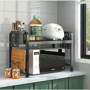 Microwave Rack, Expandable Countertop Microwave Stand for Kitchen Utensils and Tableware Storage, with 6 Hooks, Carbon Steel Microwave Shelf with Hooks - Mother's Day Gift for Wife - Kitchen Storage