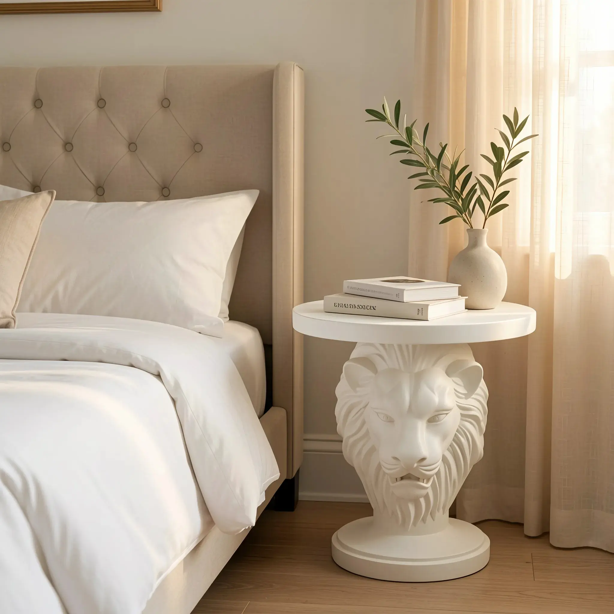 Modern White Lion Head Accent Table, Coffee Table Resin Detachable Round Top End Table, Luxury Art Sculpture Side Table for Living Room Bedroom Home Decor