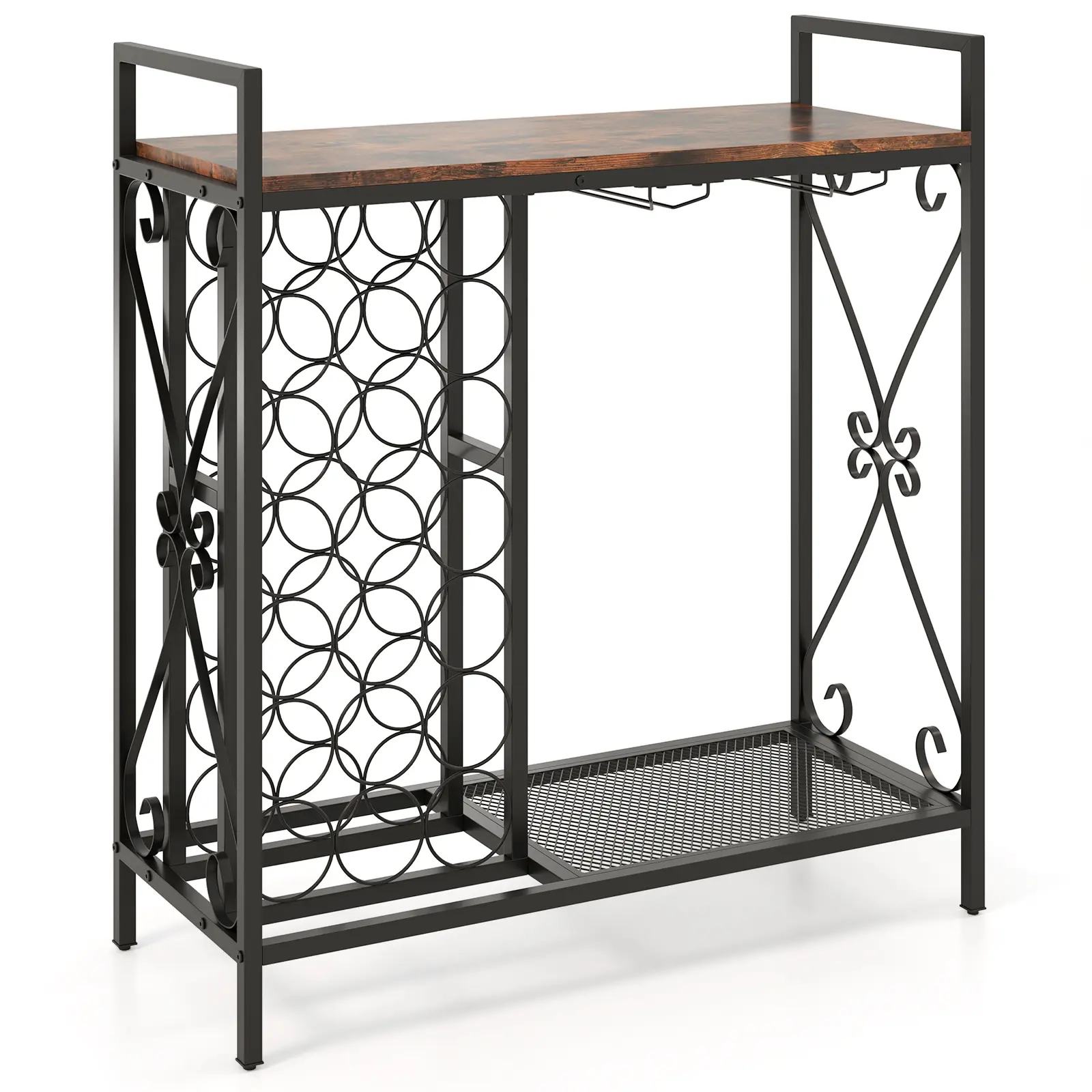 COSTWAY - 21 Bottle Wine Rack Freestanding Floor Wine Bottle Organizer with Glass Holder-Rustic Brown