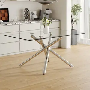 Large Modern Minimalist Rectangular Glass Dining Table with 0.39" Tempered Glass Tabletop and Silver Chrome Metal Legs, for Kitchen Dining Living Meeting Room Banquet hall,63''x35''x 29''(High end and high-quality)