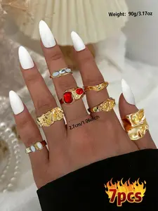 Elegant Floral Imitation Pearl Ring Set, Zinc Alloy Material Wide Band Design Women's Statement Rings, All-Season Trendy Jewelry Gift Ready for Parties & Birthdays