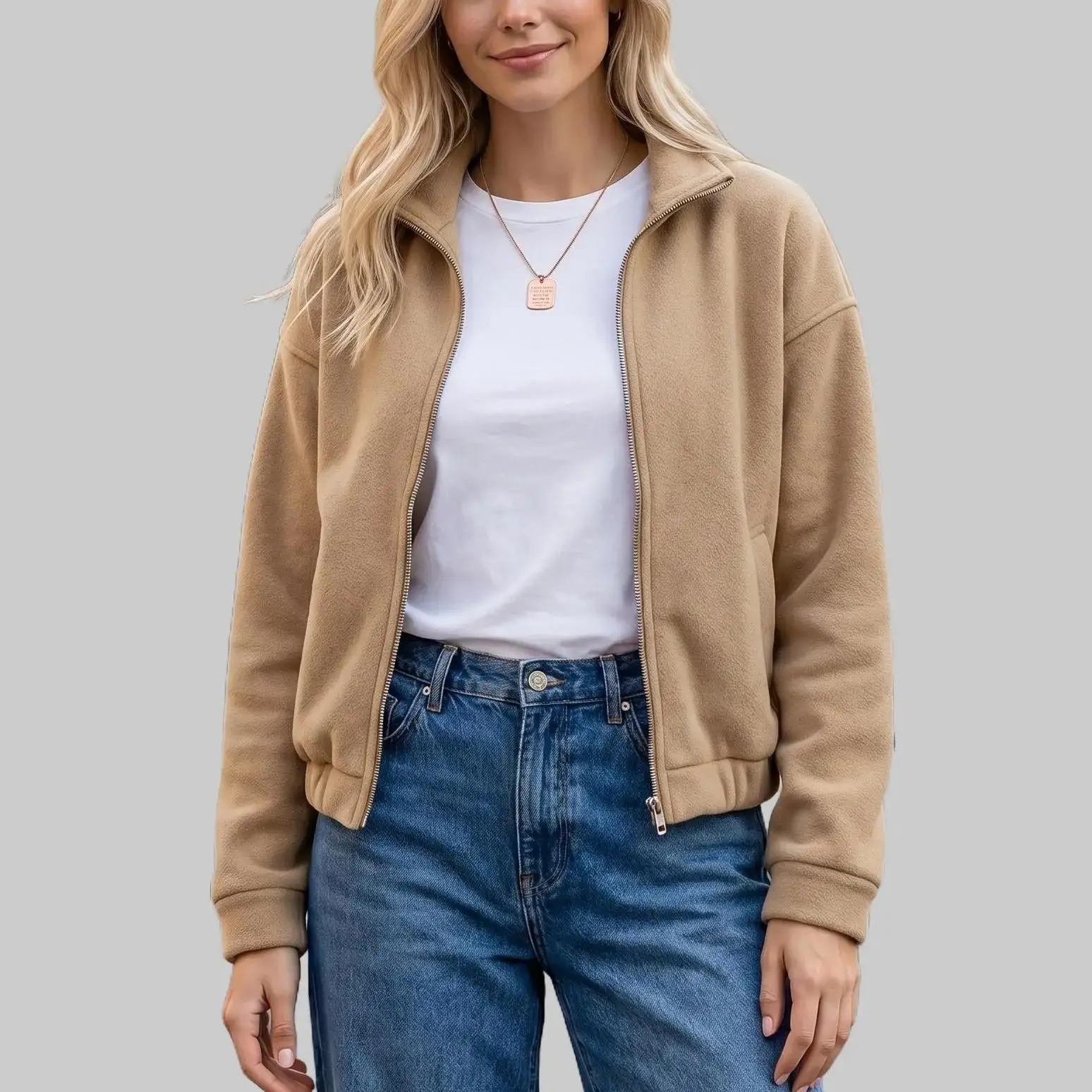 ZEAGOO Women's Minimalist Oversized Zip-Front Faux Wool Bomber Jacket Long Sleeve Loose Fit Smooth Solid Basic Outerwear with Zipper & Patch Pocket for Fall Winter Casual Wear