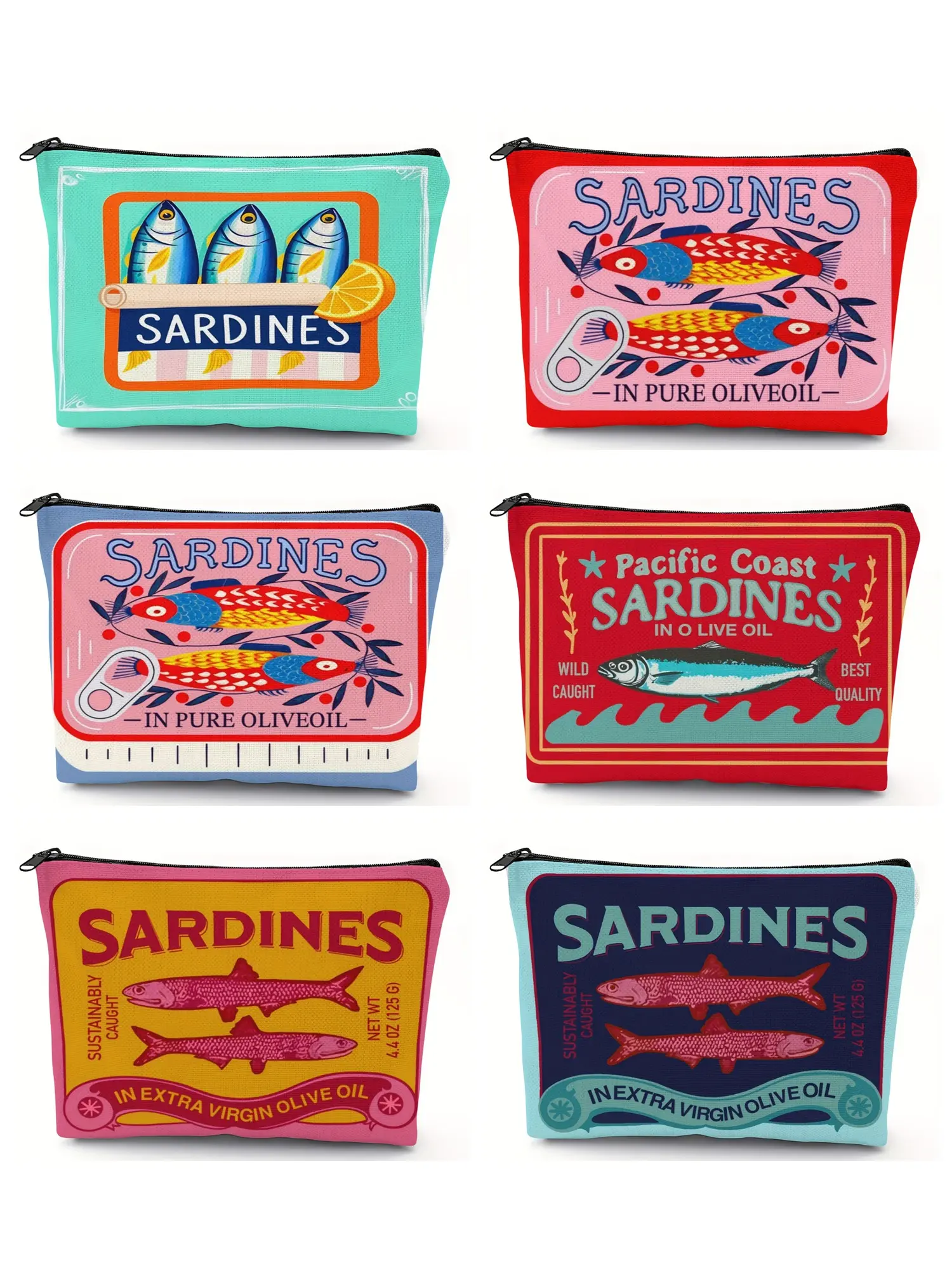 Vintage Sardine Pattern Wash Bag, Unisex Travel Organizer, Foldable Zipper Pouch, Data Cable Jewelry Skincare Storage, Multifunctional Wallet Gift, Travel Storage Bags, Travel Organization Pouch, Travel Pouches, Travel Accessory