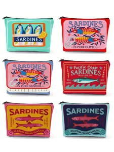 Vintage Sardine Pattern Wash Bag, Unisex Travel Organizer, Foldable Zipper Pouch, Data Cable Jewelry Skincare Storage, Multifunctional Wallet Gift, Travel Organization Pouch